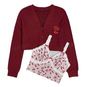 Cherry Embroidered Jacket And Splice Lace
Cami Two-Piece Set
